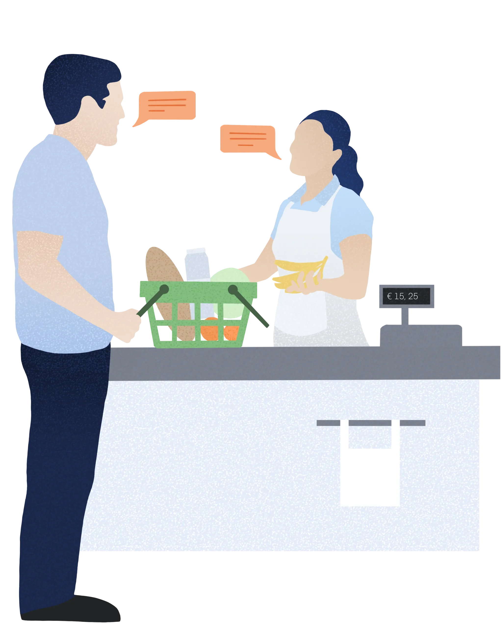Customer speaking Dutch to a supermarket employee at the checkout.