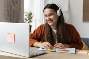 Cheerful student learning A1 Dutch online