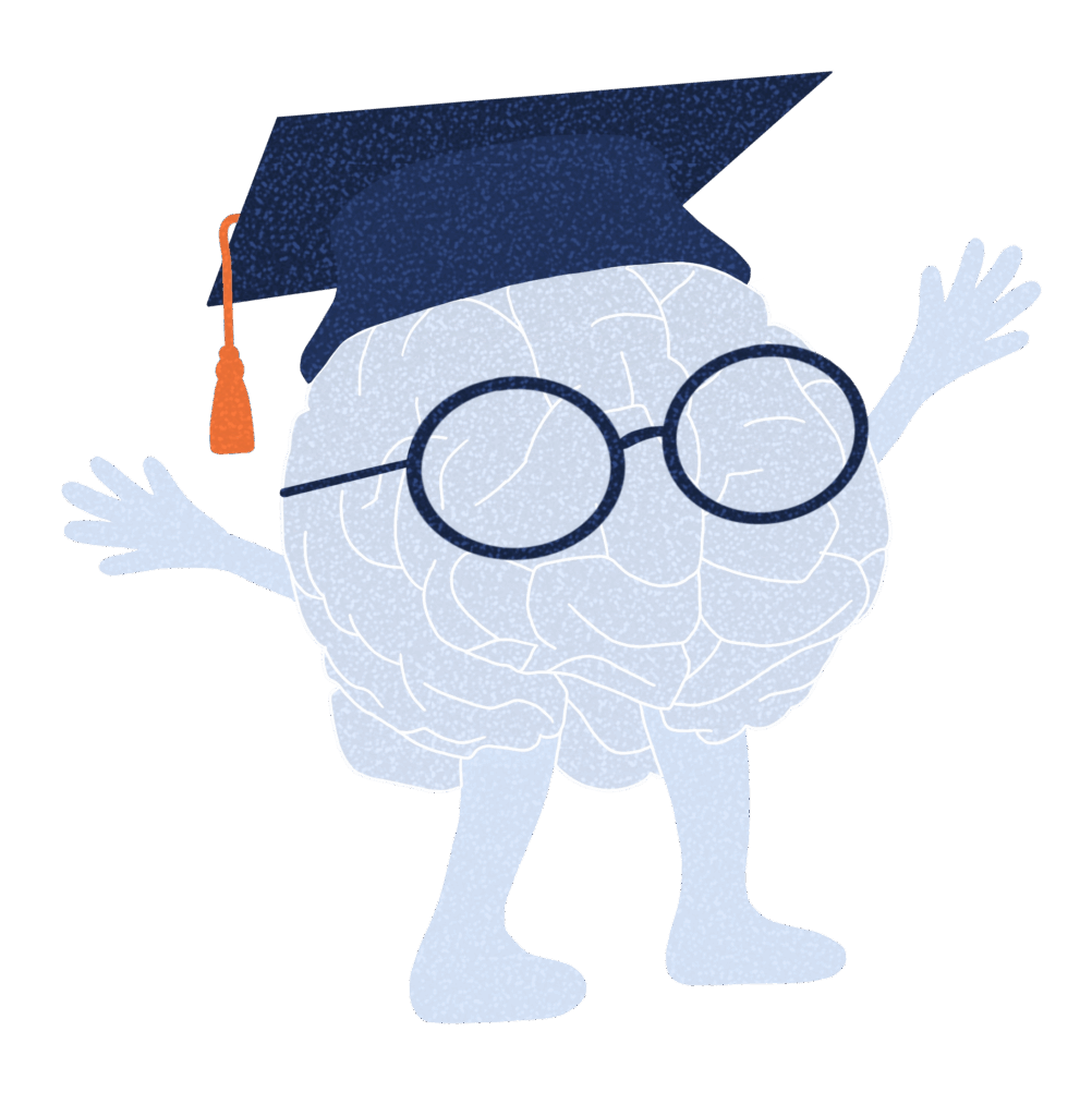 Brain Guy, Dutch Ready's mascot, wearing a graduation cap.