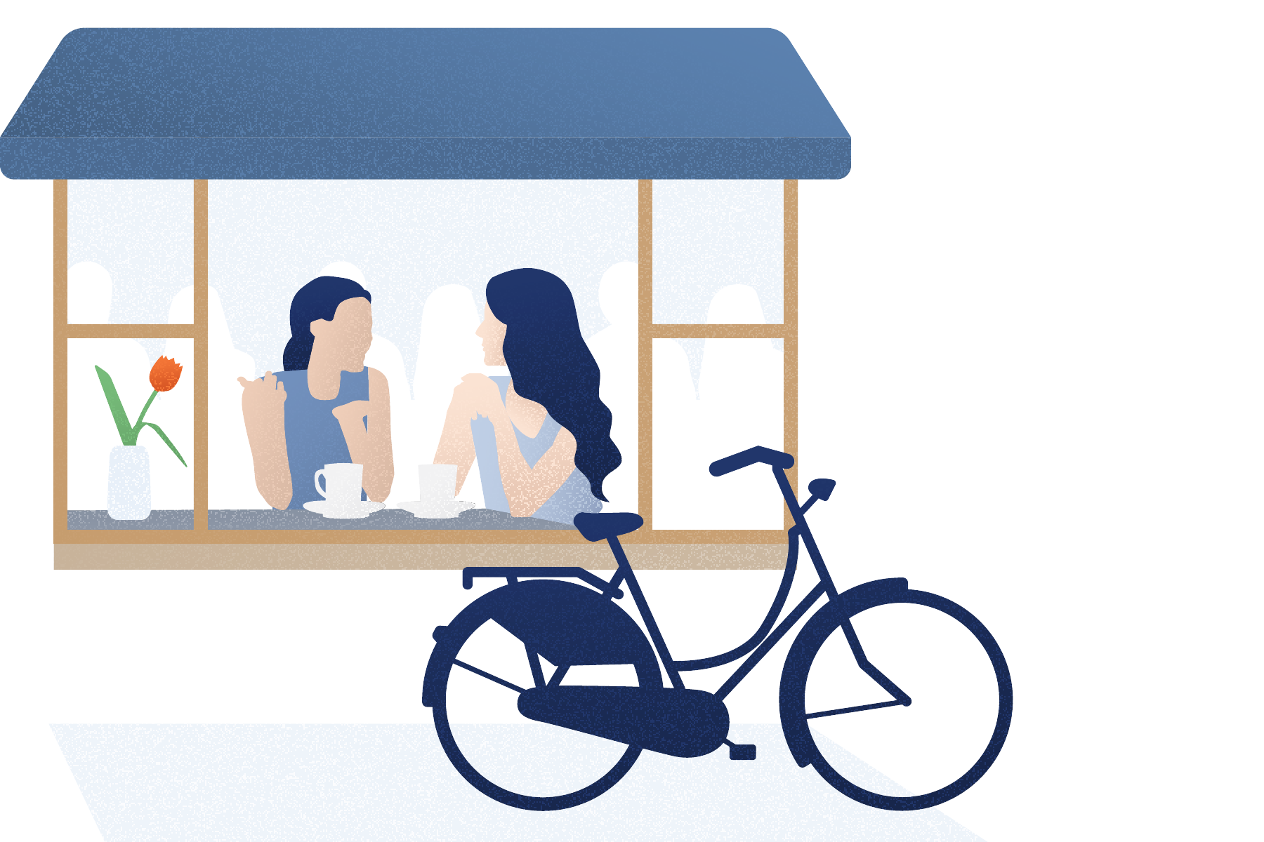 Two ladies drinking coffee in a cafe, sitting at the window.