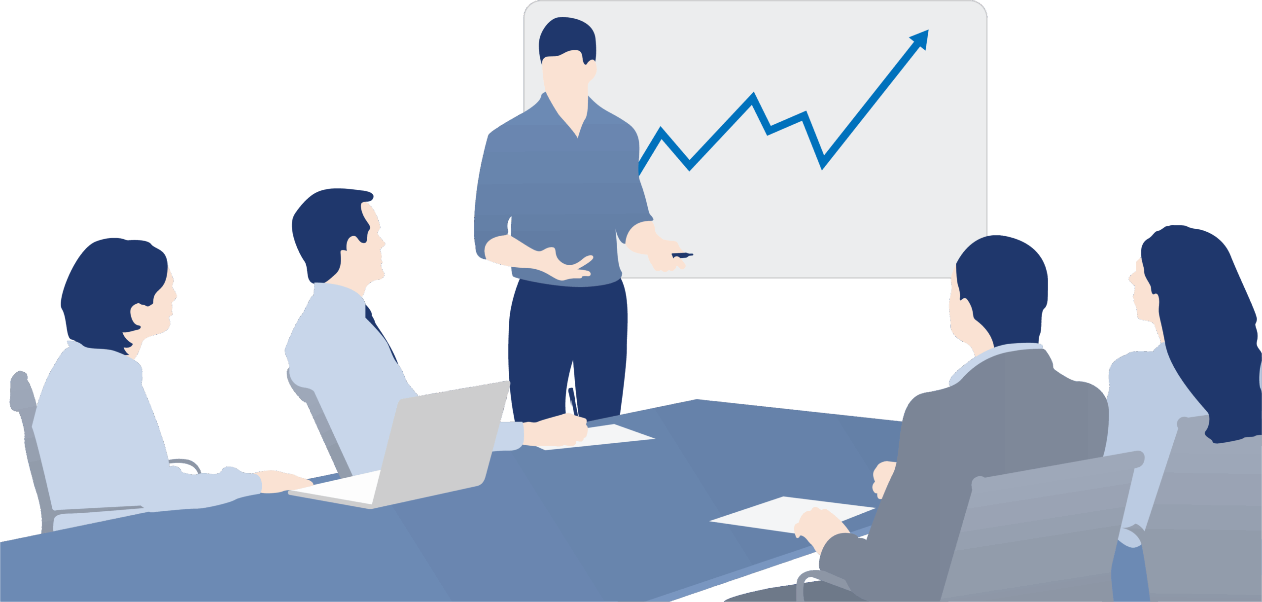 Office meeting during which one team member is presenting results to his colleagues in Dutch.