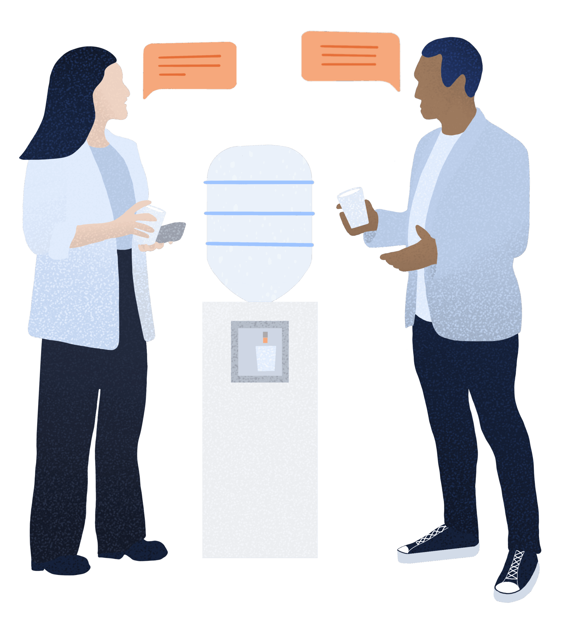 A man and a woman speaking Dutch together while filling their cups at a water cooler.