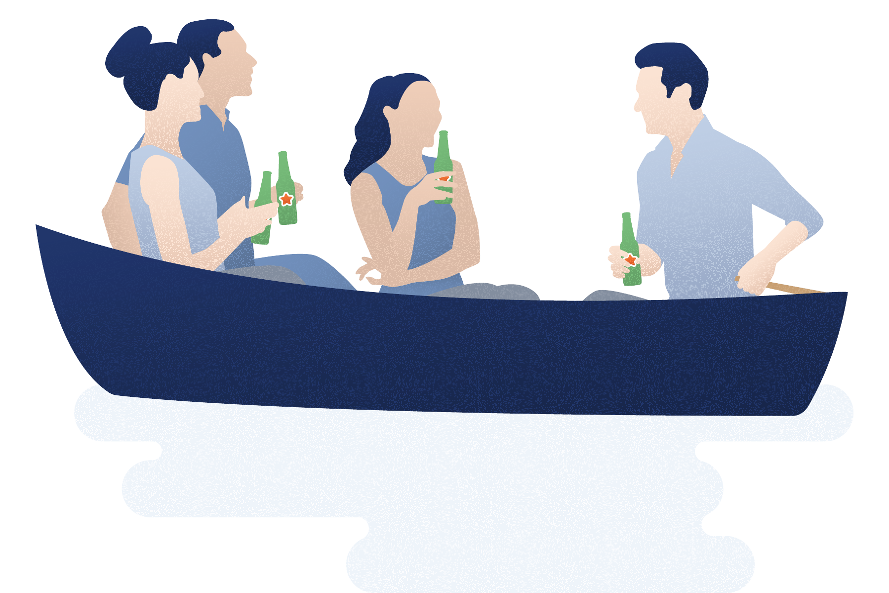 Group of 4 young people in a boat, all with a green bottle of beer in their hands.