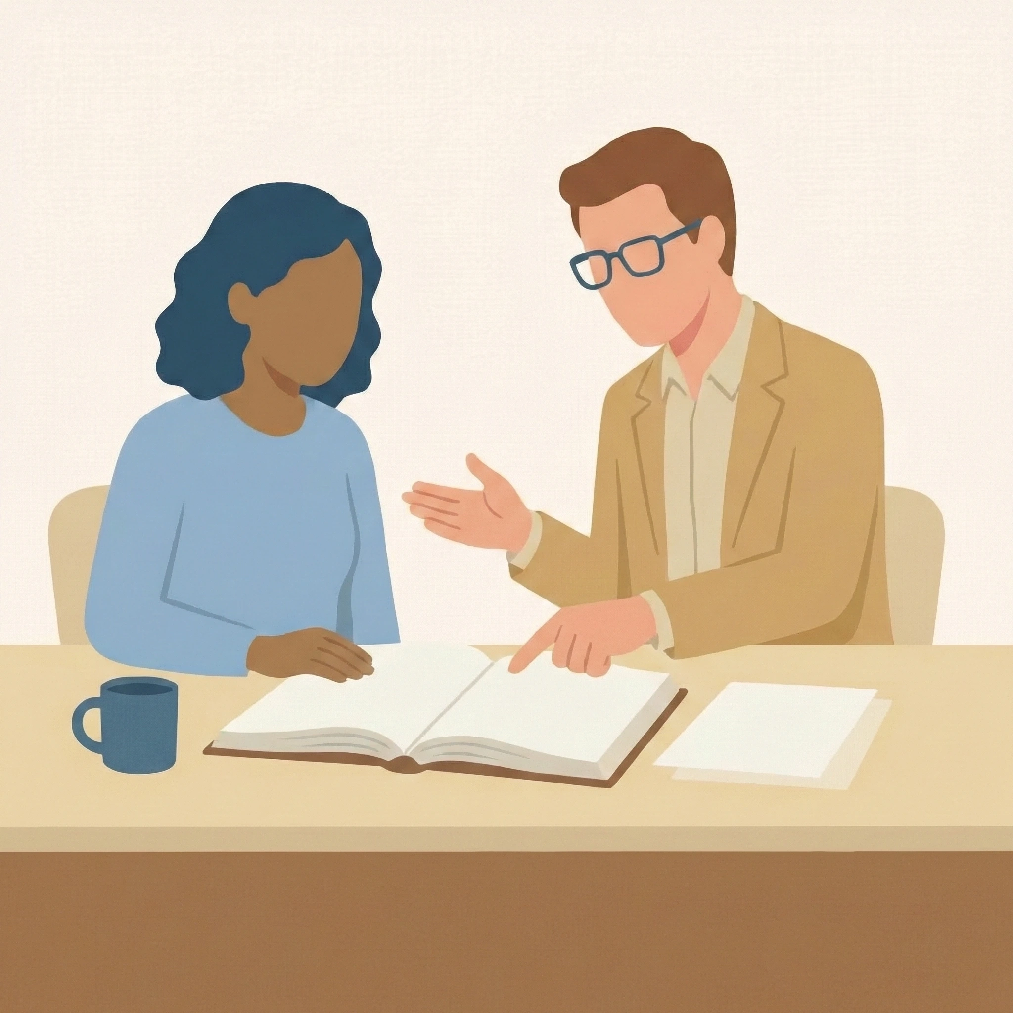 a student is taking a Dutch lesson with a private tutor. The Dutchteacher for the 1-on-1 lessons is wearing glasses and is pointing to a Dutch course book.