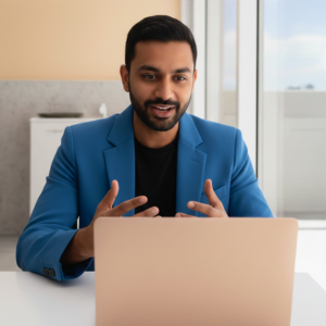 Expat following online 1:1 advanced Dutch lessons from his office.