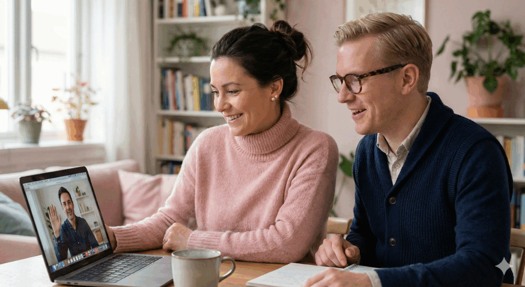 Couple in their living room, starting their online private Dutch lessons for couples.