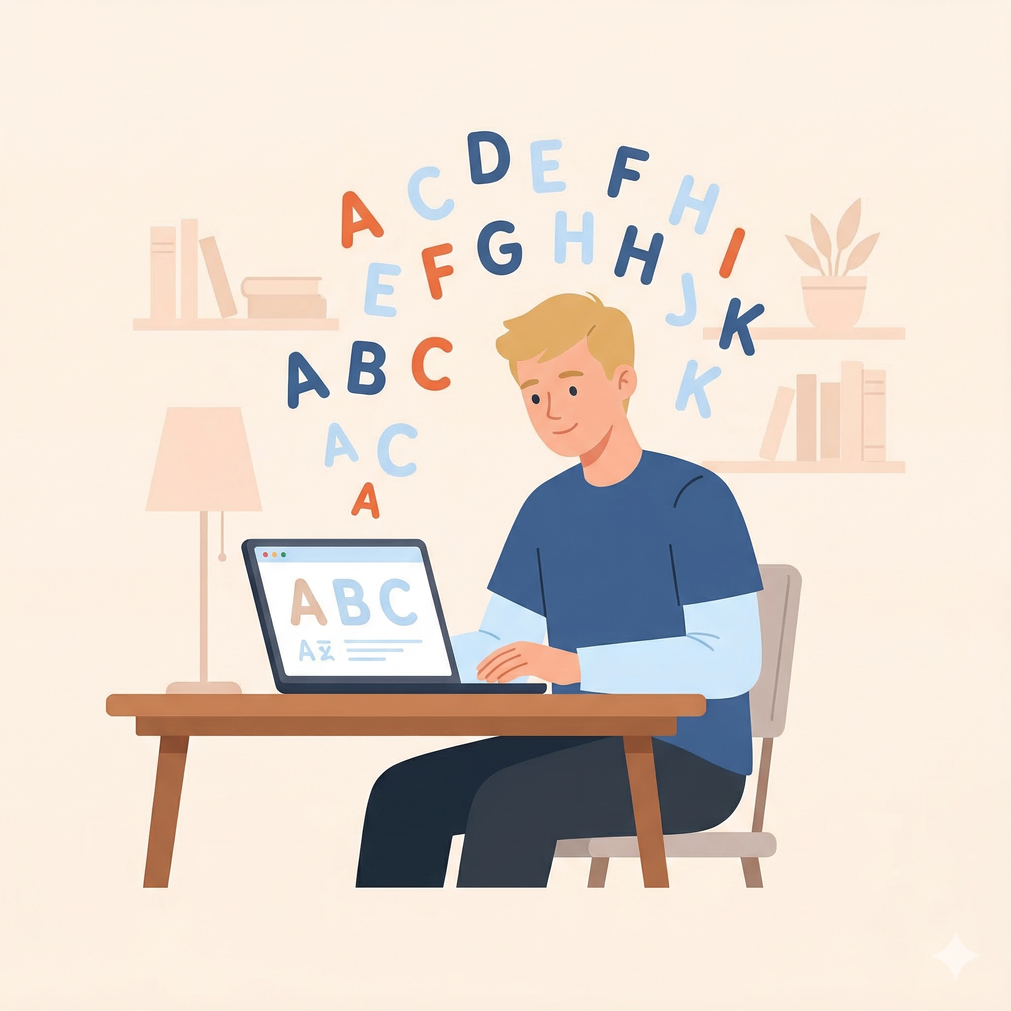 Young man starting his first week of the Dutch Challenge, learning the alphabet and pronunciation.
