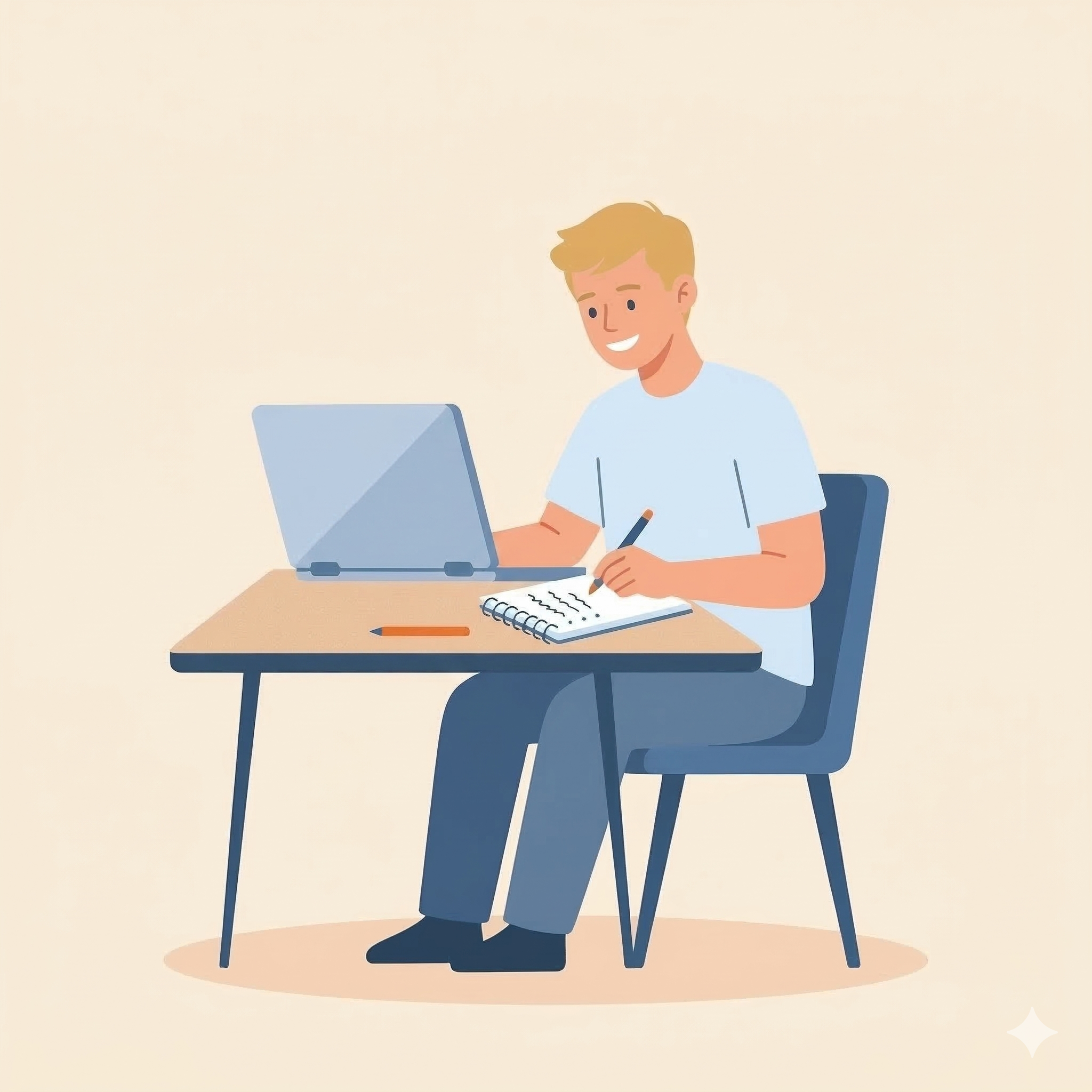 Young man working on the Dutch Challenge self-study module from his home.