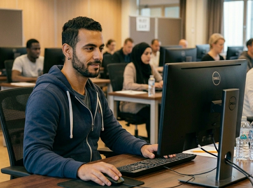 a man taking his Inburgering civic integration exams to get Dutch residency and visa