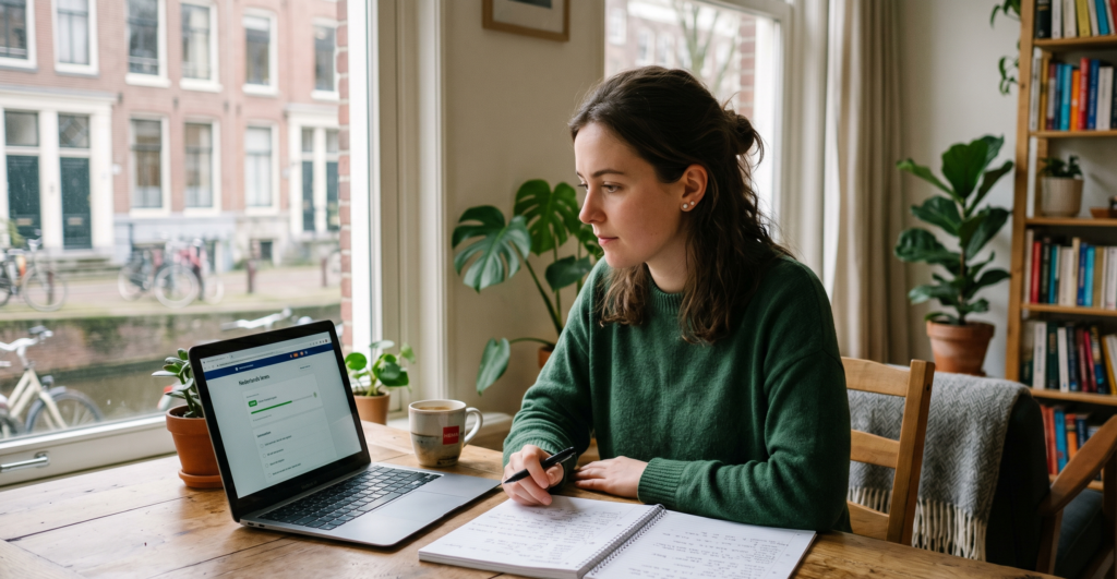 Young girl with a green sweater, sitting behind her laptop, working on her Dutch A2 self-study with the Dutch Ready Academy.
