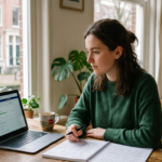 Young girl with a green sweater, sitting behind her laptop, working on her Dutch A2 self-study with the Dutch Ready Academy.
