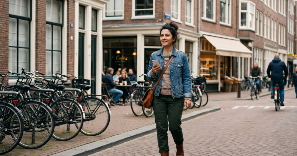 A young expat woman strolling confidently through the streets of the Netherlands after achieving level A2 in Dutch.