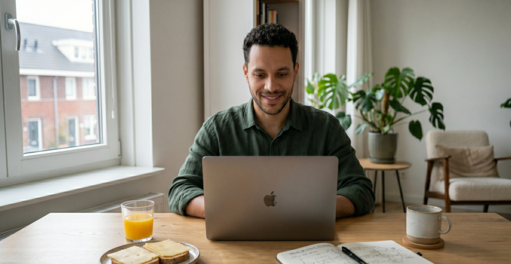 Student behind his laptop, learning Dutch on his own by using the Dutch Ready Academy.