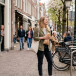 Young female expat who has settled in the Netherlands, enjoying a sandwich on a typical Dutch street.