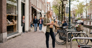 Young female expat who has settled in the Netherlands, enjoying a sandwich on a typical Dutch street.