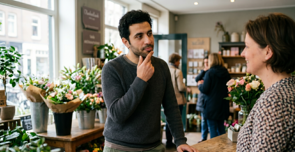 Expat in the Netherlands trying to speak Dutch in a store.