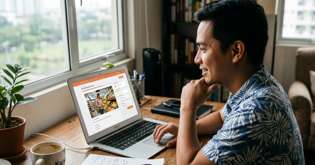 Male expat behind his laptop, learning Dutch on his own with the Dutch Ready Academy self-study platform.