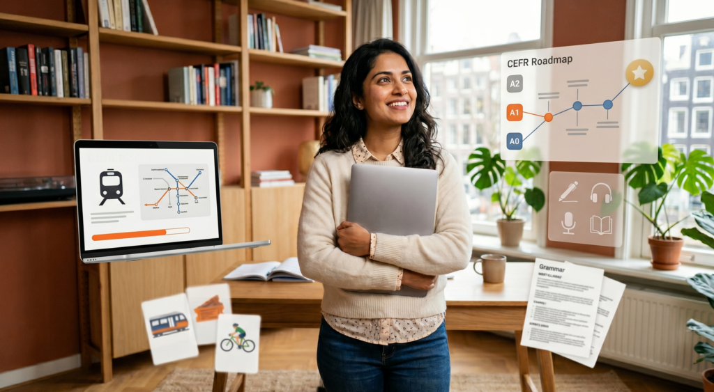 Female student holding her laptop in her arms, feeling confident about her Dutch self-study.