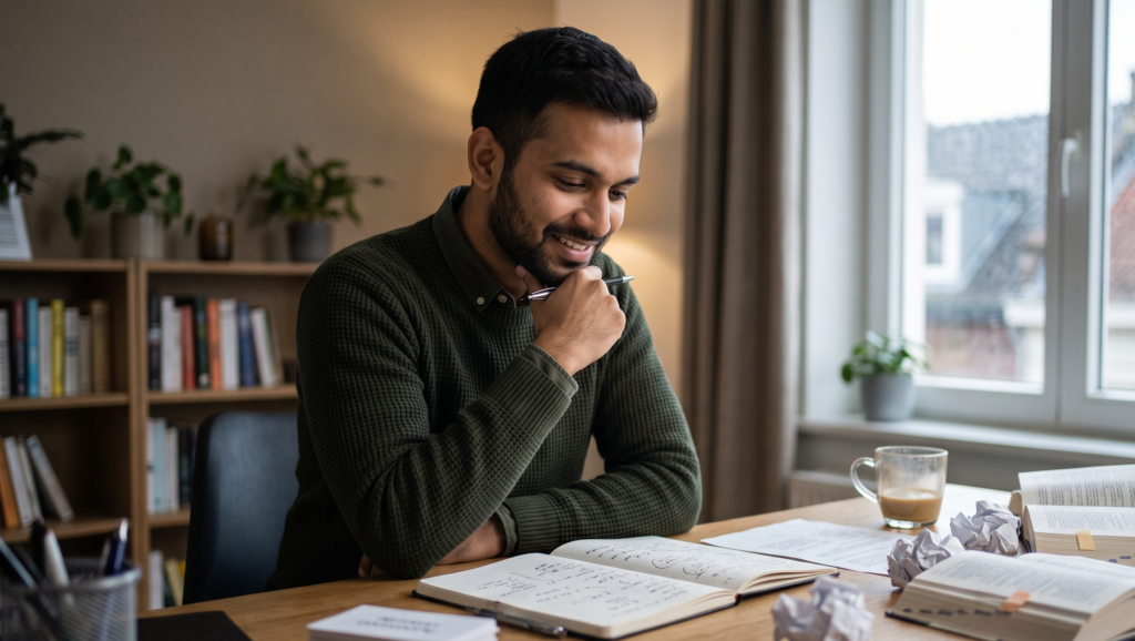 Male expat learning Dutch on his own, visibly enthusiastic about his progress because he takes a structured, personalized approach.