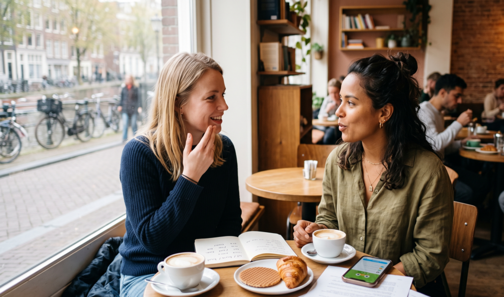 A female expat in a Dutch café practicing her Dutch pronunciation with a friend.