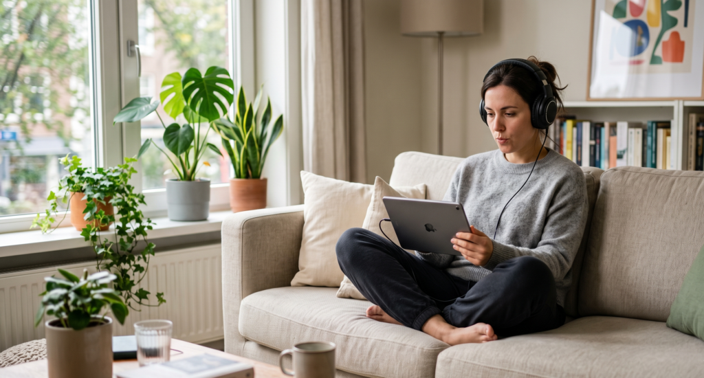 A woman wearing headphones and holding a tablet, sitting on her couch and doing conversation exercises as part of her Dutch self-study.