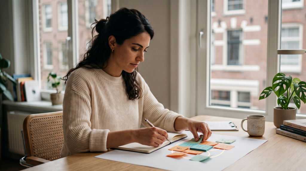 Vrouwelijke expat die na het zich bewust worden van de common Dutch self-study mistakes een nieuwe, gestructureerde aanpak hanteert.