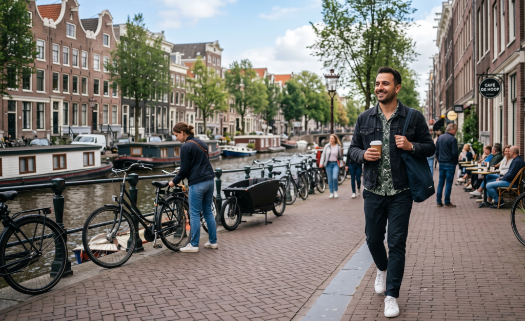 A male expat walking confidently through the streets of a Dutch city after passing his Dutch exam.