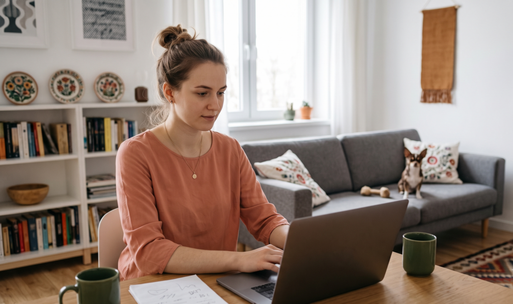 Young woman in her living room, preparing for the A2 Dutch exam.