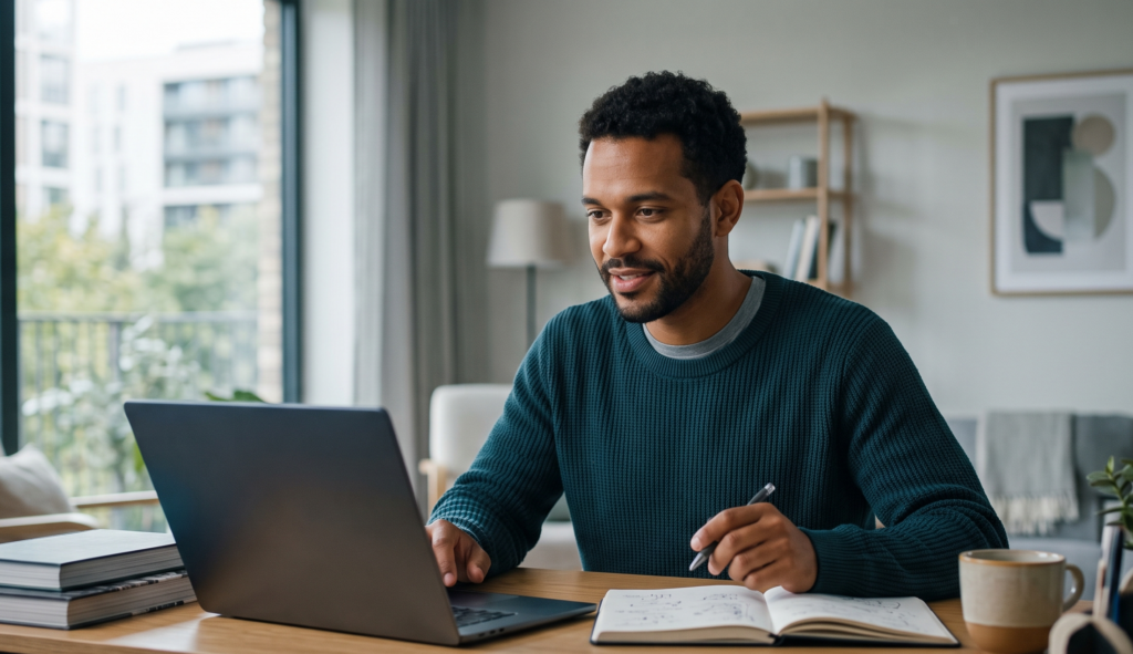 A male expat sitting behind his laptop, learning Dutch on his own to prepare for his integration exam.
