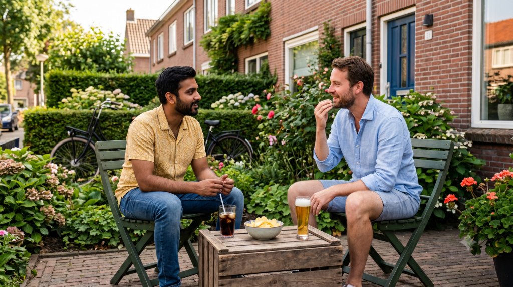 An expat with his Dutch neighbor, who gives him feedback on his Dutch pronunciation.